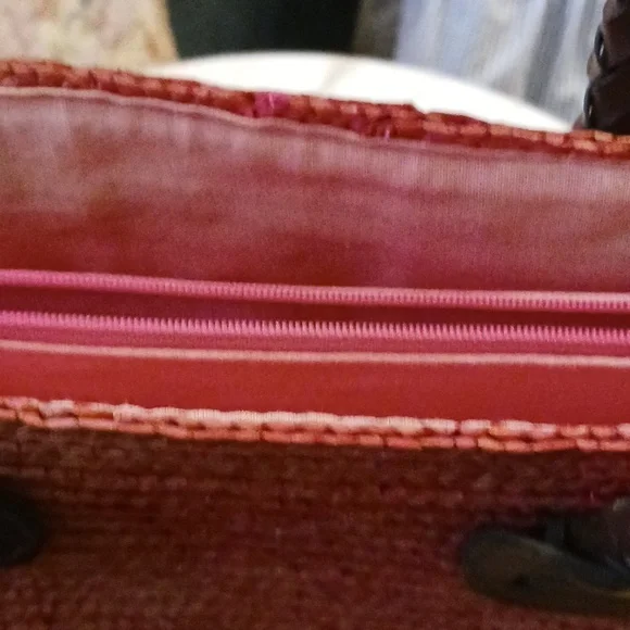Pink Straw Satchel, 12 X 10, Vintage 1990s Bag, Linen Lined - Picture 6 of 6